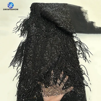 Кружевная ткань Tim 3D с бусинами и кисточками 2024 Африканская Нигерийская кружевная ткань Французская вышивка Тюль Тяжелая кружевная ткань из бисера Роскошное платье