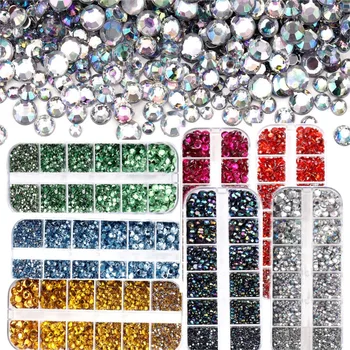 12 Сеток 3D Glass AB Crystal Nail Art Стразы SS6-SS30 Смешанные Круглые бусины с плоской обратной стороной, подвески для ногтей, Драгоценные камни, Бриллиантовые украшения для ногтей
