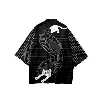 2022 Японская винтажная Летняя Юката Для мужчин и женщин, комплект кимоно и брюк с рисунком кота в черную полоску, кардиган, рубашка для косплея, блузка
