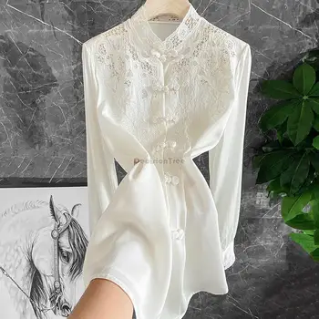 2023 китайская женская кружевная вышивка с дисковой пряжкой, белая блузка с воротником-стойкой, весенний открытый дизайн, элегантный модный костюм тан, топ