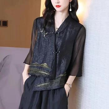 2023 традиционный китайский винтажный костюм, сетчатое пальто с национальной цветочной вышивкой, женский офисный этнический блейзер, костюм восточного стиля тан
