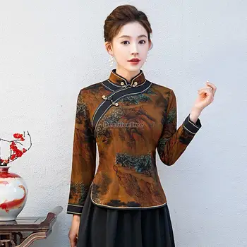 2024 cheongsam ретро с длинным рукавом и воротником-стойкой, блузка с цветочным принтом, женский весенне-осенний костюм эпохи тан в китайском стиле, элегантный топ w74