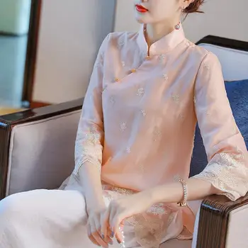 2024 весна, новый китайский стиль, чайное искусство, женские традиционные топы чонсам, винтажная одежда, фестивальные костюмы, шифоновая блузка ципао