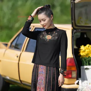 2024 китайская традиционная футболка с национальной цветочной вышивкой, рубашка с воротником-стойкой, винтажные топы hanfu, костюм восточного тан, базовая рубашка