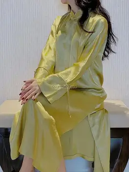 2024 китайский осенний новый костюм эпохи тан модный костюм с длинным рукавом и стоячим вырезом свободный улучшенный арт однотонное повседневное платье ципао cheongsam