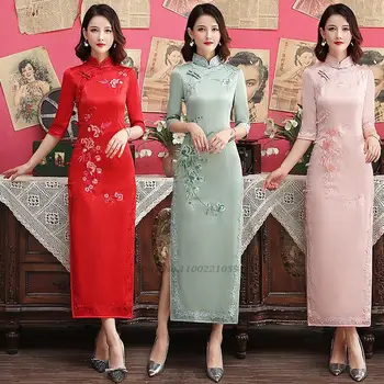 2024 китайское винтажное платье чонсам, женское атласное платье с национальной цветочной вышивкой ципао, вечернее платье для вечеринки, банкета, vestido