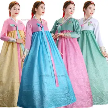 2024 корейское народное танцевальное платье ханбок с национальной цветочной вышивкой, винтажное платье, одежда для банкета, выступления на сцене, танцевальный костюм для вечеринки.