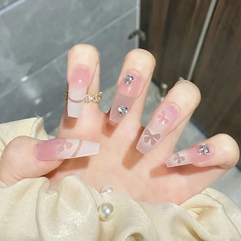 24ШТ Длинные Розовые накладки на ногти Милый дизайн с принтом бабочки Полное покрытие ногтей Сладкий стиль 24ШТ Градиентные искусственные ногти MH88