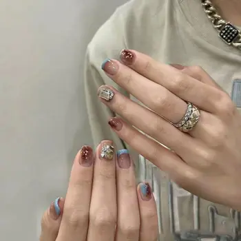 24шт коротких круглых накладных ногтей Съемные Французские наконечники Aurora Love с полным покрытием Накладных ногтей для салона