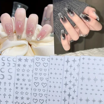 3D наклейки для ногтей, самоклеящиеся наклейки для дизайна ногтей, серебряные блестящие наклейки с зеркальным эффектом, наклейки для ногтей в виде звезд, влюбленных сердечек