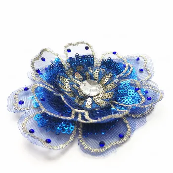 8 см Вышивка 3D Королевский Синий Цветок Головка Пришитая Нашивка С Блестками Сетка Кружевная Отделка Многослойная Отделка Для Свадебного Платья С Аппликациями