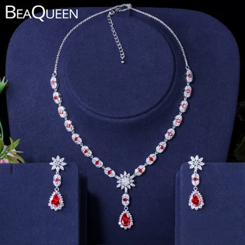 BeaQueen Красивое Свадебное ожерелье из красного кубического циркония с цветами и каплями воды, серьги, наборы ювелирных изделий JS178