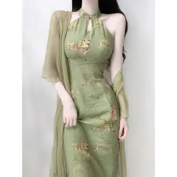 Pmwrun Зеленое платье с коротким рукавом Сын Лето Древний Чонсам Молодая девушка Элегантность Темперамент женского платья в китайском стиле