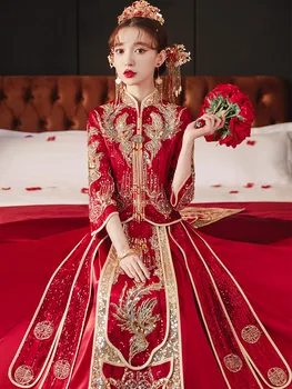 Yourqipao Modern Xiuhe Cheongsam Красное Длинное Традиционное китайское свадебное платье Платья в восточном стиле Китайский комплект женской одежды