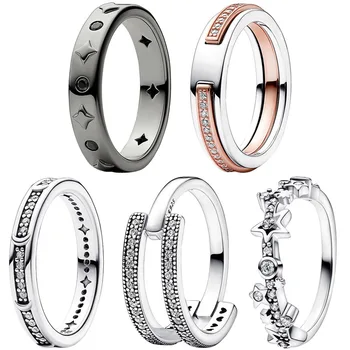 Аутентичный серебряный полумесяц 925 пробы, звезды, Фирменное двухцветное кольцо с двойным покрытием для женщин, подарочные модные украшения