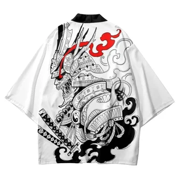 Белое Кимоно с принтом японского самурая 2024, Уличная одежда, Пляжная Юката, Мужской Женский кардиган, Косплей, Топы Хаори Харадзюку, Халат, одежда