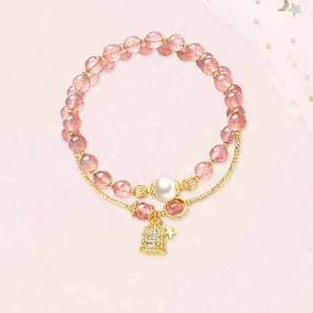 Браслет с кристаллами цвета персикового цветка и клубники для женщин, Изысканная подвеска в мелкую клетку, Жемчужно-Розовые браслеты, Ювелирный подарок
