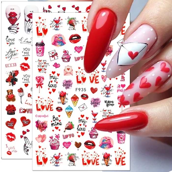 Валентинки, наклейки для ногтей, сердце любви, Розово-красные губы, наклейки для дизайна ногтей, 3D мультяшные валентинки для ногтей, аксессуары для ногтей DIY