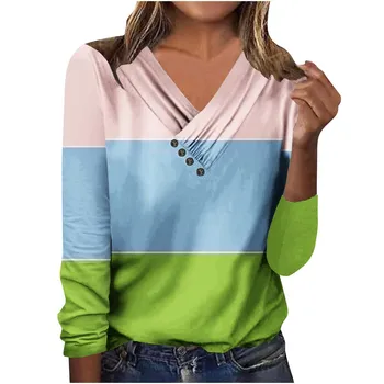 Весенне-осенняя женская футболка с длинными рукавами и V-образным вырезом, цветная футболка с геометрическим рисунком