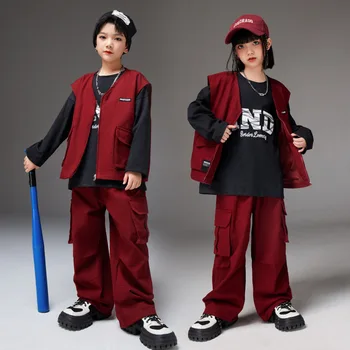 Детская одежда в стиле хип-хоп, винно-красная куртка без рукавов, жилет, повседневные брюки-карго с широкими карманами для девочек и мальчиков, комплект одежды для джазовых танцев.