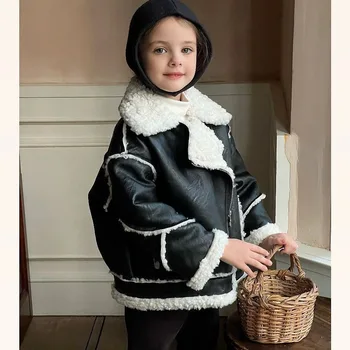 Детская одежда, Детская Кожаная куртка, Осень-Зима 2023, Новинка, меховое пальто для девочек в корейском стиле, Модное теплое повседневное детское пальто