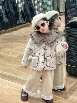 Детская одежда для девочек, зимнее пальто из теплого овечьего флиса, Утолщенное пальто с вышивкой в горошек, верхняя одежда