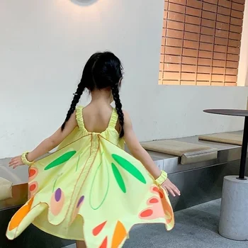 Детская одежда, платье в стиле пэчворк с крыльями бабочки для девочек, летняя новинка 2023 года, милая юбка-слинг для девочек
