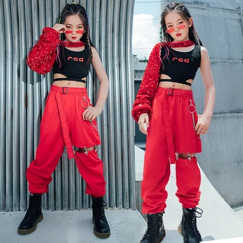 Детский сценический костюм, рукава с красными блестками, полые брюки, одежда для выступлений в стиле хип-хоп для девочек, одежда для джазовых фестивалей на подиуме BL7120