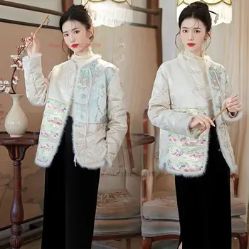 жаккардовая куртка с китайским национальным цветком 2024 года, восточный пуховик с хлопковой подкладкой, костюм в стиле ретро тан, улучшенное утепление теплого пальто