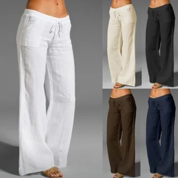 Женские широкие брюки с высокой талией, однотонные расклешенные карманы, хлопок, конопля, свободные тонкие брюки для отдыха, женские