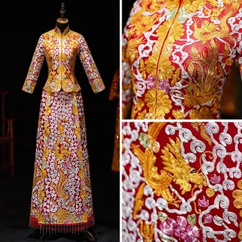Женские Элегантные кисточки с вышивкой дракона Cheongsam В китайском стиле, Золотое свадебное платье, свадебный комплект, костюм невесты, Тонкий тост Xiuhe