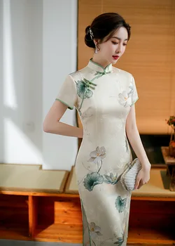 Женский летний Чонсам с коротким рукавом и цветочным принтом в китайском стиле, древний костюм, улучшенное платье Ципао с высоким разрезом в стиле ретро