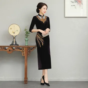 Женский Чонсам большого размера, бархатный Ципао в китайском стиле, ретро-классическое длинное платье с воротником-стойкой, сексуальное, с пайетками, тонкое, с разрезом, Vestidos