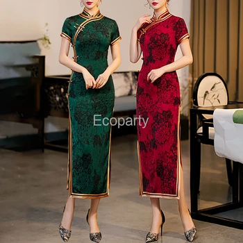 Женское китайское традиционное платье Чонсам Весна Лето Improve Qipao Для женщин Элегантные Чонсам с высоким разрезом и цветочным принтом
