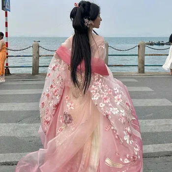 Женское платье Hanfu с китайской традиционной вышивкой, Hanfu, женский костюм для косплея на Хэллоуин, вечернее платье Hanfu, розовое и синее, комплекты из 3 шт.
