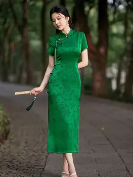 Зеленое Жаккардовое Атласное Ципао ручной работы с пуговицами, китайское женское Элегантное повседневное платье Cheongsam с коротким рукавом.
