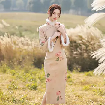 Зимнее Ципао 2023, Замшевый осенний стиль, утолщенные Элегантные перевернутые рукава, женская одежда в ретро-китайском стиле, Длинные платья