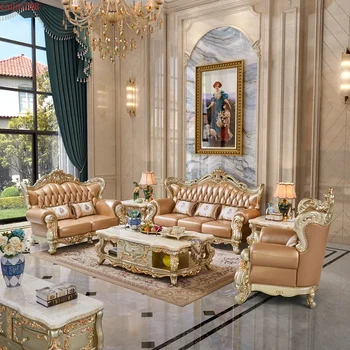 Индивидуальный кожаный диван в европейском стиле с резьбой из массива дерева, комбинированный Размер клубного зала, семейная гостиная, мебель для виллы
