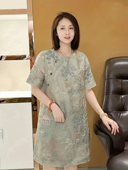 Китайское винтажное платье с повторяющимся принтом, свободное платье с короткими рукавами и пуговицами в виде лягушки, женская одежда