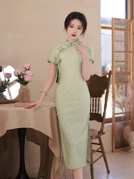 Китайское классическое женское ципао в стиле ретро с воротником-стойкой, Ципао, элегантное винтажное зеленое кружевное платье с коротким рукавом