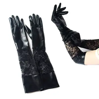 Кожаные Кружевные длинные перчатки в стиле пэчворк, забавное танцевальное представление, панк-банкетные варежки, готическая Черная клубная одежда, варежки на Хэллоуин