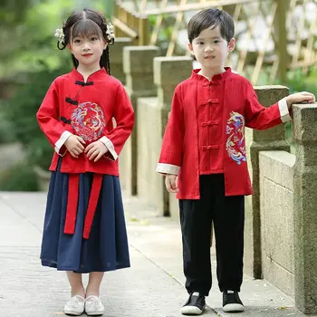 Комплект из 2 предметов/китайский детский костюм Тан 2024, новогодний красный топ с драконом, юбка, костюм для косплея Hanfu