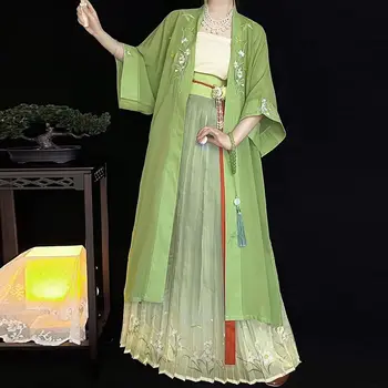 Комплект из 3 предметов, плиссированная юбка, вышитый халат, Весенняя династия Сун, зеленые вечерние платья, Китайское женское кимоно, платья Hanfu