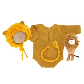 Комплект одежды для детской фотосъемки 3 в 1, реквизит для фотосъемки новорожденных, Мультяшный Лев со шляпой и подходящим комбинезоном