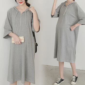 Корейская версия Женские Весенние платья с капюшоном для беременных, повседневные Однотонные платья с коротким рукавом для беременных женщин, платье для кормления 2022