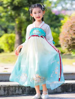 Костюм Hanfu для девочек в китайском стиле, Элегантная супер Фея, весенне-летнее детское платье эпохи Тан, Старинная одежда