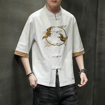 Костюм Тан в китайском стиле, хлопчатобумажные льняные рубашки с воротником Ханфу, синицизм, Винтажная вышитая рубашка в стиле пэчворк, мужская летняя рубашка, куртка