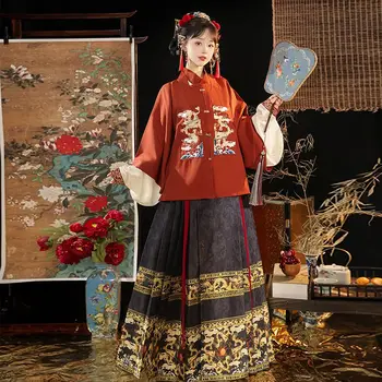 Красная традиционная осенне-зимняя система Ming в китайском стиле Hanfu с квадратным воротником и коротким рукавом в виде лошадиной морды для платья для девочек