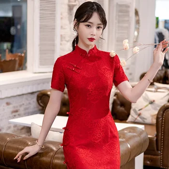 Красный cheongsam лето новая невеста обручальное свадебное платье ципао для женщин одежда ретро китайский стиль
