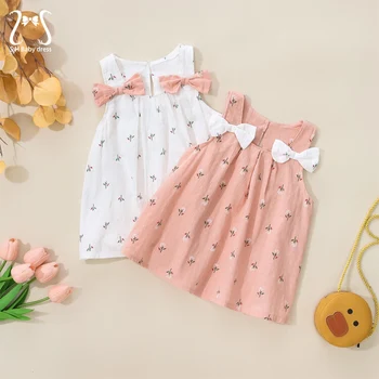 Летнее простое однотонное платье с цветочным узором для маленьких девочек, Детская одежда без рукавов с бантом, Тонкая дышащая одежда для малышей от 0 до 3 лет